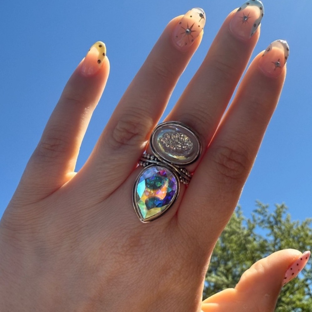 Vintage Sajen Sterling Silver Double Stone Statement Ring Pear Cut Crystal Druzy